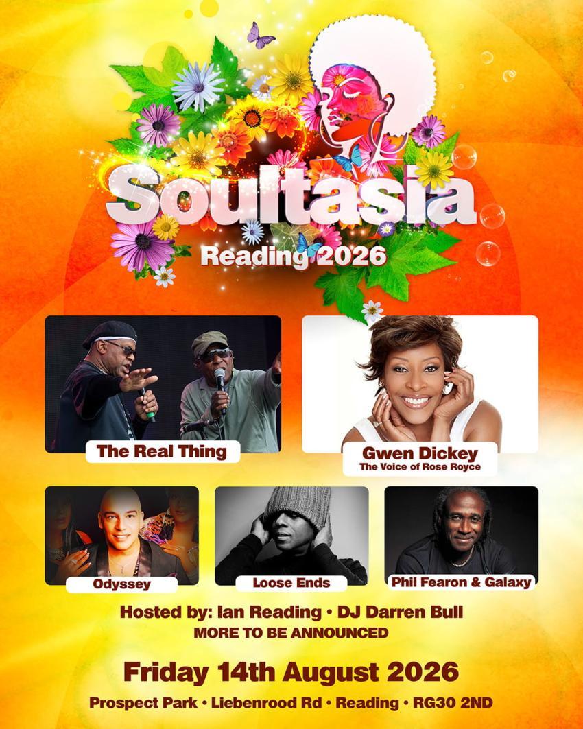 Soultasia poster with headshots of the artists performing - The Real Thing, Gwen Dickey, Odyssey, Loose Ends and Phil Fearon & Galaxy
