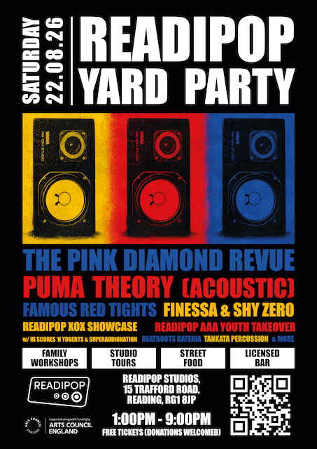Image with colourful speakers and a list of the artists performing at the yard party (as stated in the paragraphs above)