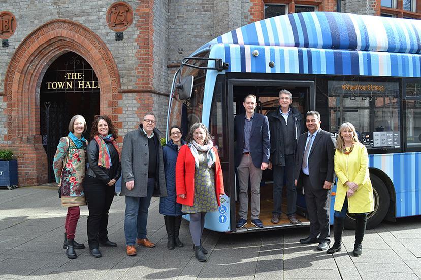 Reading GAIA launch event with University of Reading Climate Stripes Bus outside Reading Town Hall