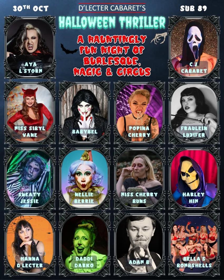 Cast poster with a dozen or so performers' headshots, all with a Halloween-y theme