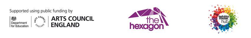 Logos for the Arts Council, the Hexagon and Berkshire Music Trust