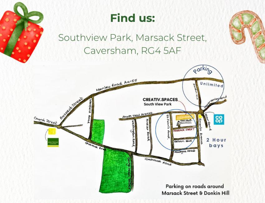 hand-drawn map of Caversham pointing out the Creativ.Spaces address