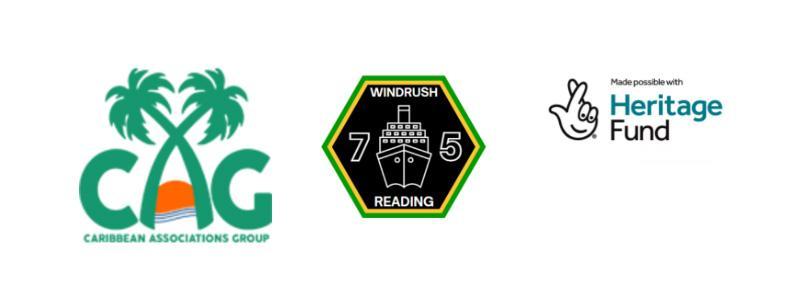 logos for Caribbean Associations Group, Windrush 75 Reading and LotteryHeritage Fund