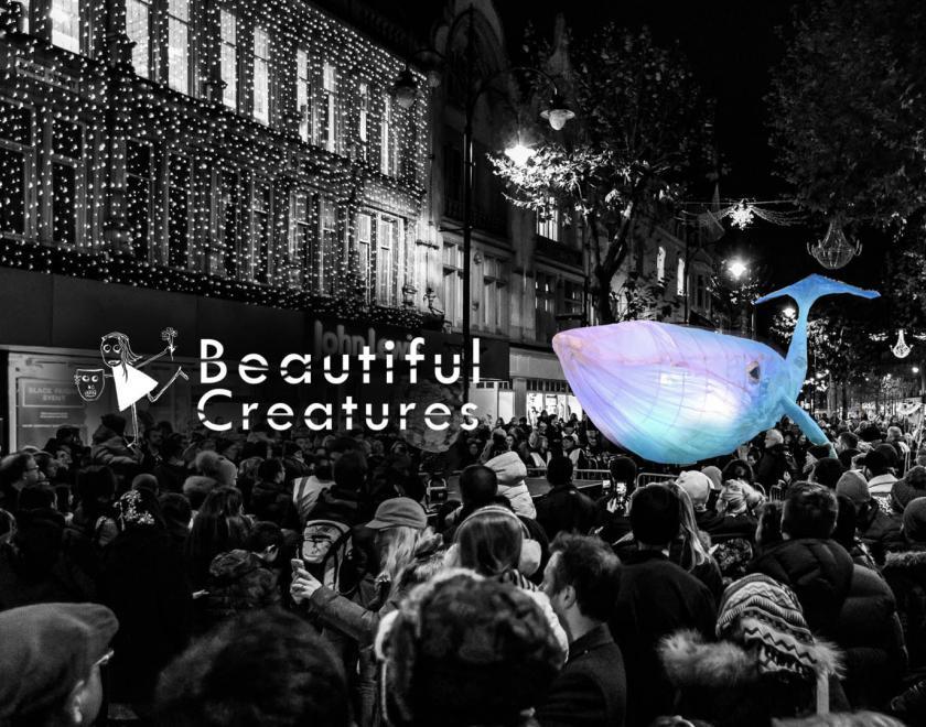 Big Blue Whale on Broad Street, by Beautiful Creatures Theatre