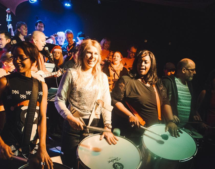 Image of Readipop's samba community band - Beatroots - playing at the music charity's HQ.