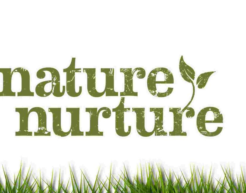 Nature Nurture in green text on a white backgrund with green grass running along the bottom