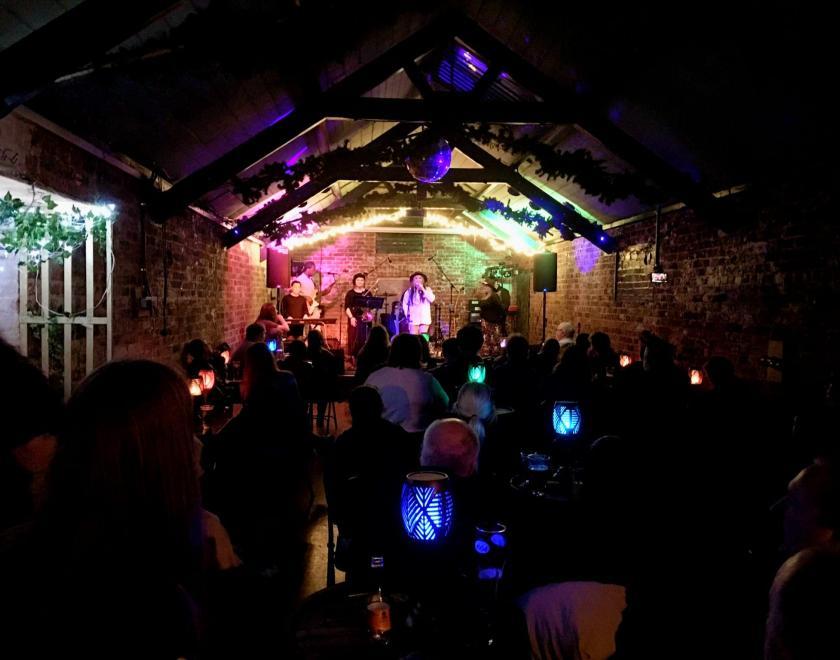 live at one of Nicole Allans events . In the image there are multi coloured lights around the band on stage , infront of the band is a crowd in a theatre setting all having a good time .