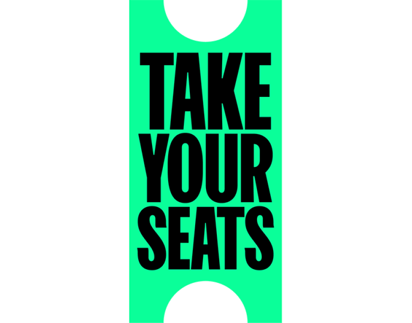 Take Your Seats logo. A green shape in the shape of a ticket stub with black text reading 'Take Yoiur Seats'