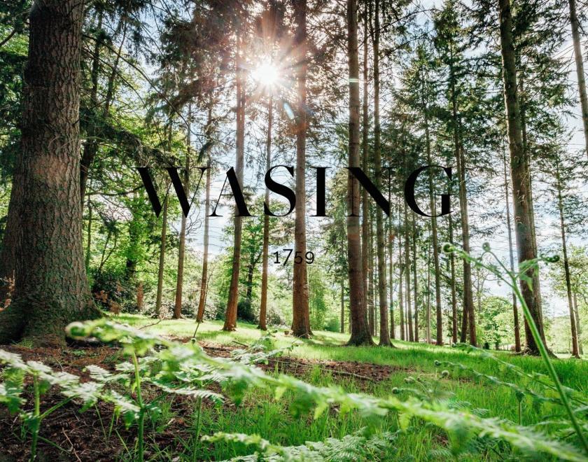 Woodland at Wasing Estate with the logo on top