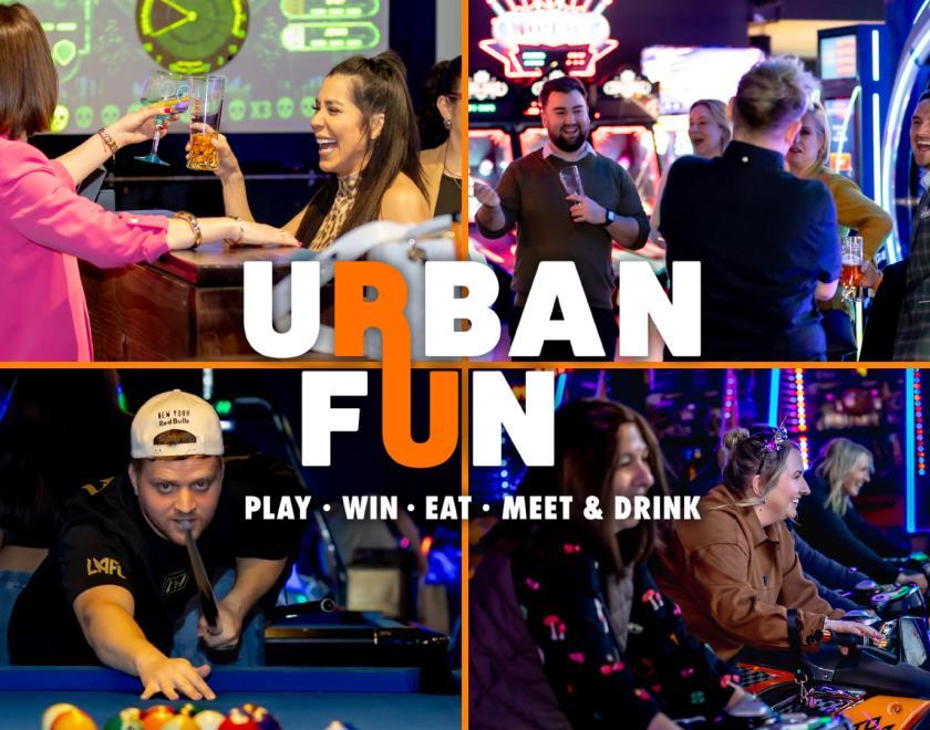 Montage of images of people enjoying games at Urban Fun