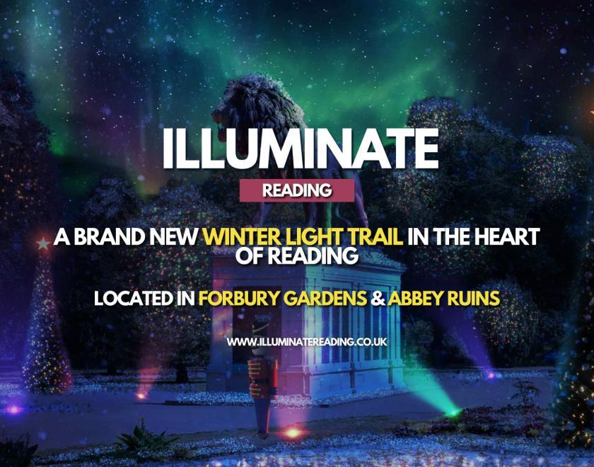 Illuminate Reading logo over an image of the Forbury Lion