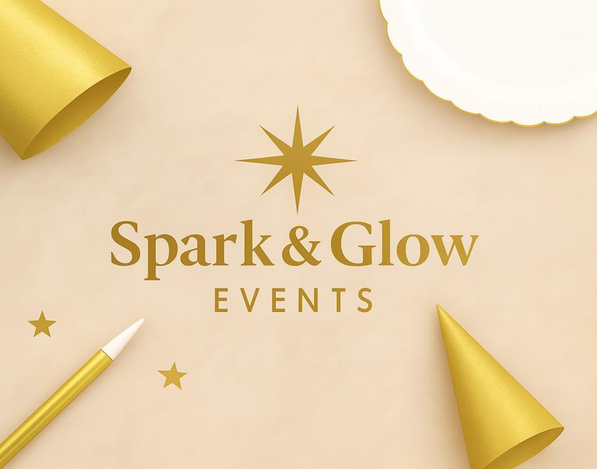 Gold Spark and Glow Written in the middle surrounded by party props such as plates, hats 