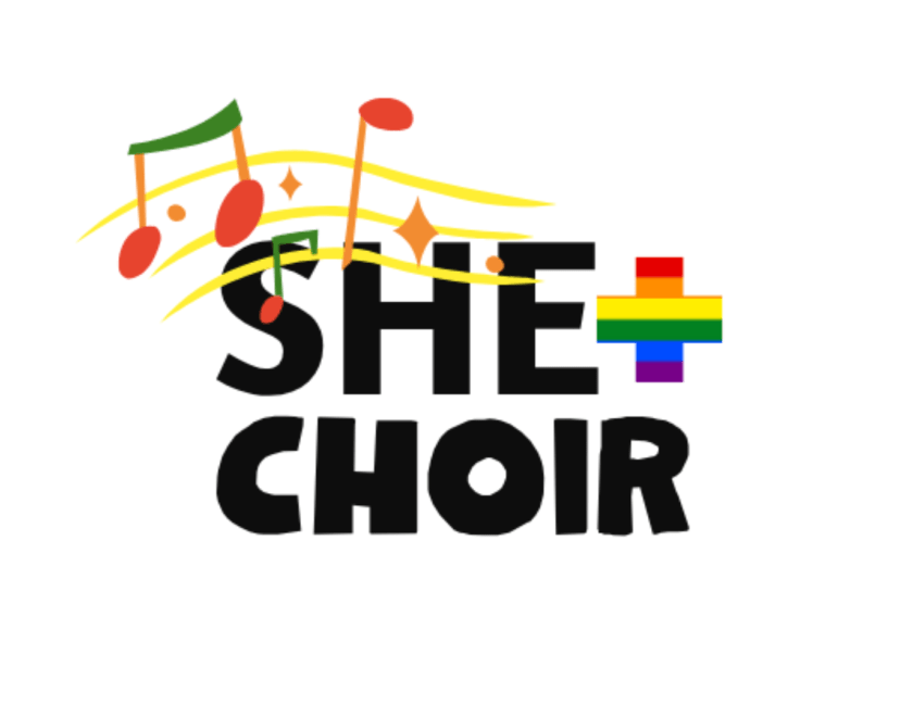 She+Choir logo - She Choir is written in black font, the + sign encompasses colours. The writing is surrounded by colourful notes