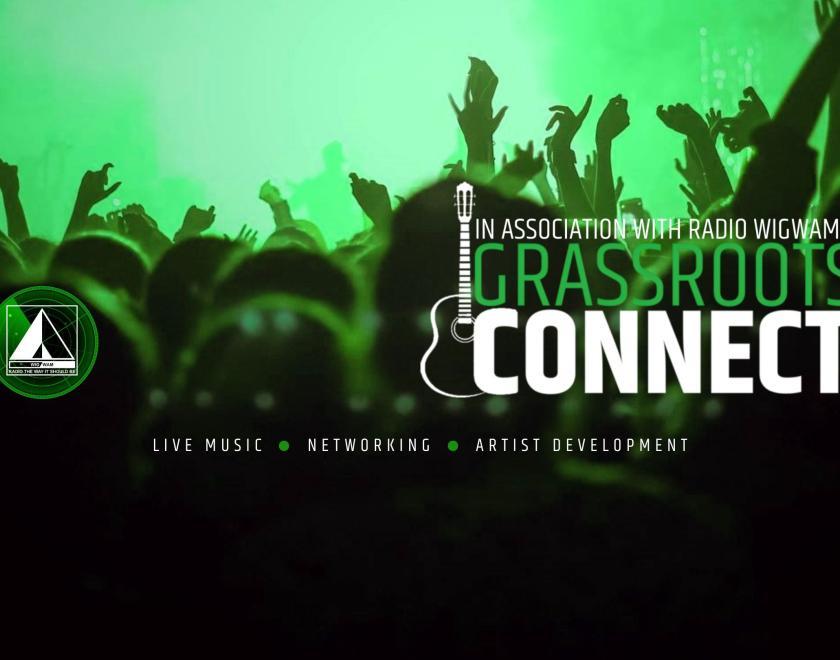 Radio Wigwam & Radio Wigwam logos with a green tinted background of a concert crowd
