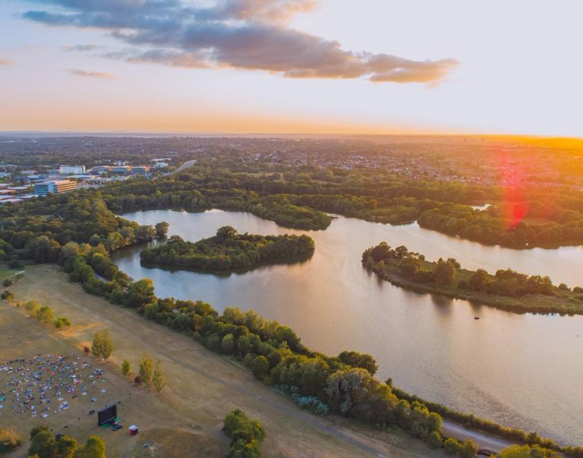 Arial view on Dinton Pastures lake 