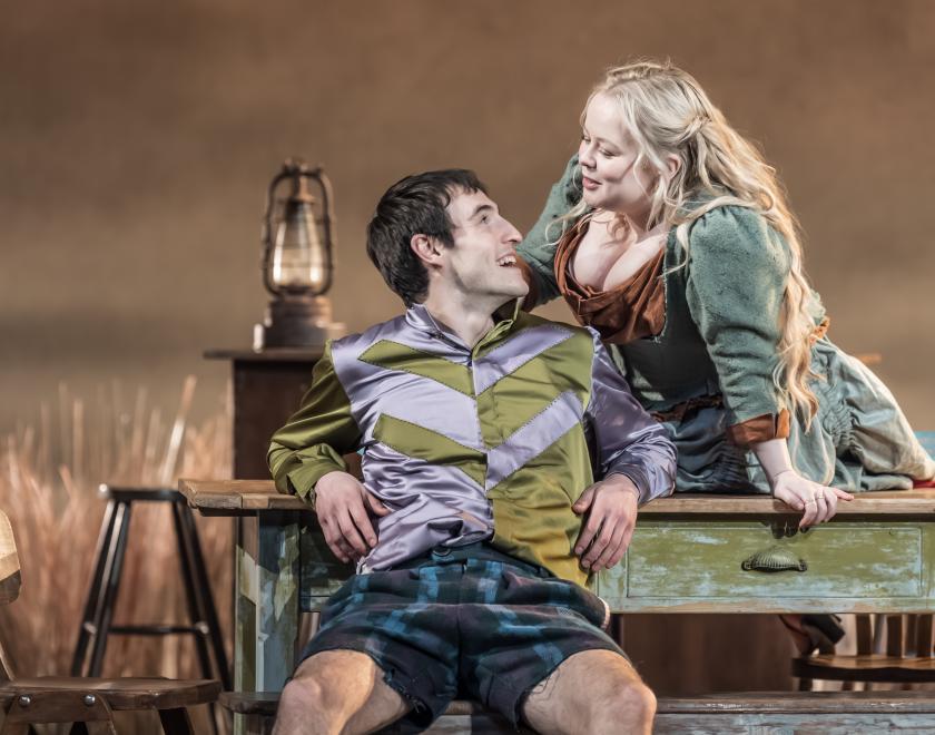 Éanna Hardwicke (Christy Mahon) and Nicola Coughlan (Pegeen Mike) in The Playboy of the Western World at the National Theatre. (credit Marc Brenner)