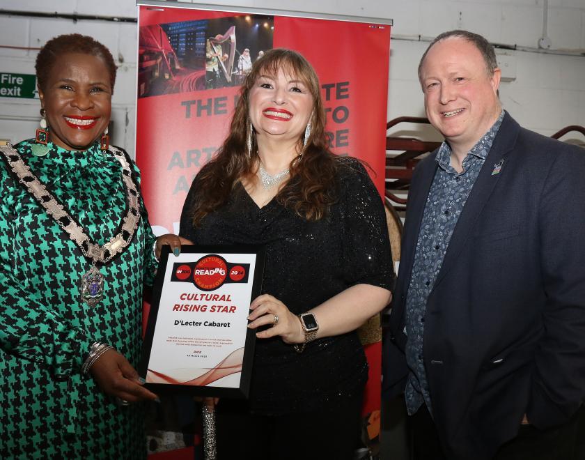 Deputy Mayor Alice Mpufo Coles, Cultural Rising Star Winner Hannah d'Lecter and Phil Creighton at the What's On Reading Cultural Champions event