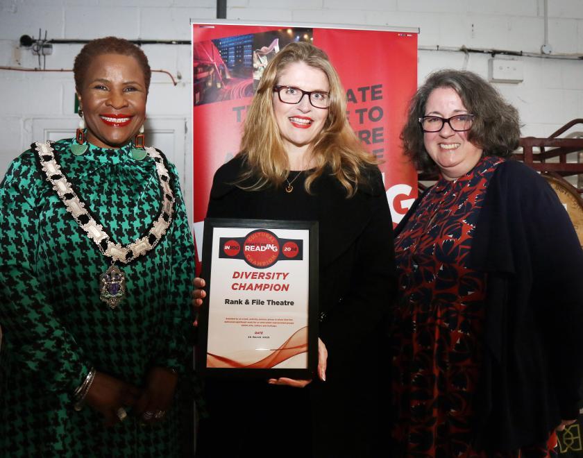 Deputy Mayor Alice Mpufo Coles, Diversity Champion Jude Haste of Rank & File Theatre and Phil Creighton at the What's On Reading Cultural Champions event