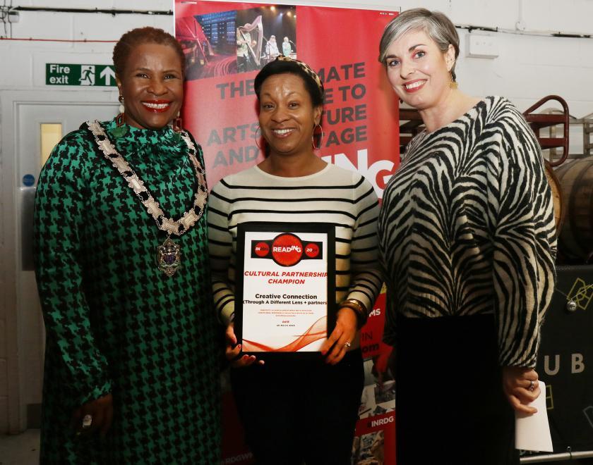 Deputy Mayor Alice Mpufo Coles, Cultural Partnership Champion from Through a Deifferent Lens and Lorraine Briffit at the What's On Reading Cultural Champions event