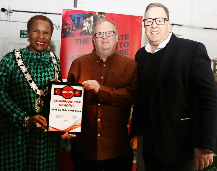 Deputy Mayor Alice Mpufo Coles, Champion for Reading Martin Butler from Reading Male Voice Choir and Nigel Horton Baker at the What's On Reading Cultural Champions event