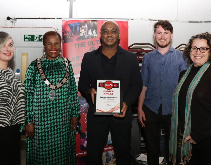 Judges Deputy Mayor Alice Mpufo Coles, Lorraine Briffit, Adam Koszary and Alexa Volker and Judges' Champion Vincent Valere at the What's On Reading Cultural Champions event