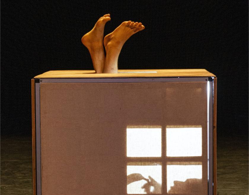Photo of the large box with the performer's feet sticking out of the top. A silhouette of the performer's face and hands can be seen through the "window" in the front of the box.