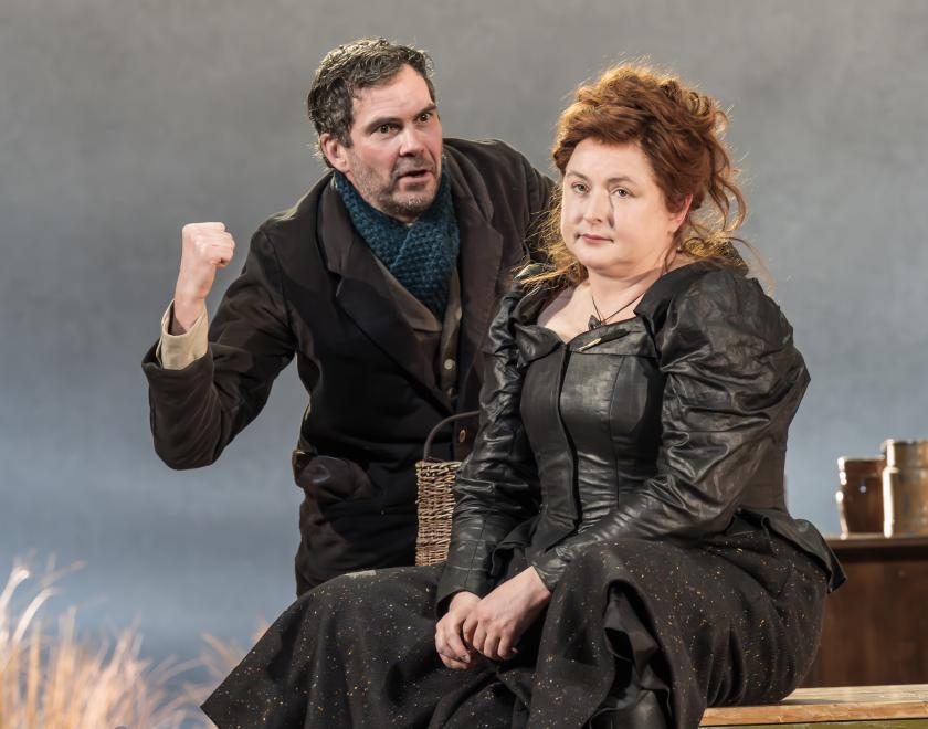 Marty Rea (Shawn Keogh) and Siobhán McSweeney (Widow Quin) in The Playboy of the Western World at the National Theatre. (credit Marc Brenner)