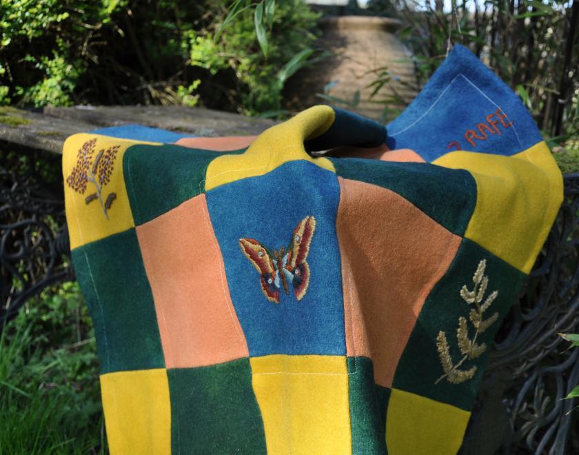 A picture of naturally dyed and embroidered quilt