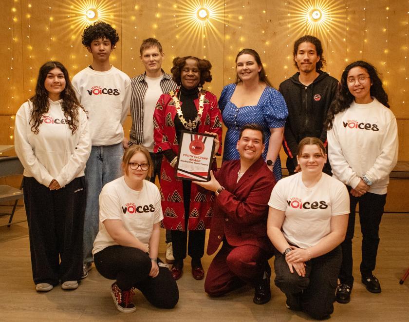 Reading Rep Theatre pose with their Youth Culture Award certificate alongside presenters from Young Voices and the Mayor of Reading