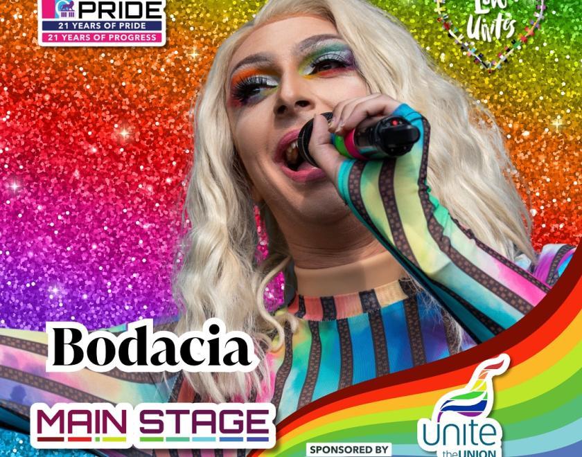 Bodacia is one of your Main Stage hosts at Reading pride Love Unites 2024