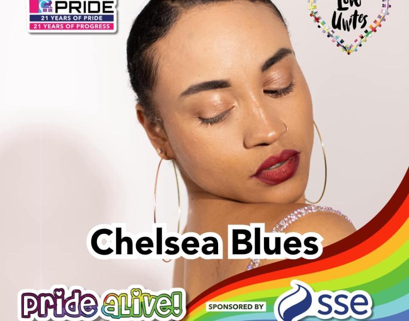 Chelsea Blues is performing on the Pride aLive stage at Love Unites 2024