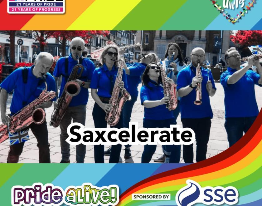 Saxcelerate is performing on the Pride aLive stage at Love Unites 2024
