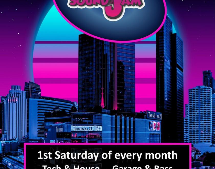 Soundjam logo. text reads 1st Saturday of every month. tech and house, garage and bass. free entry, 18+