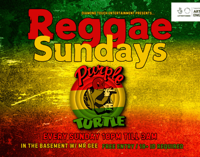 Reggae Sunday logo in front of the Jamaican flag
