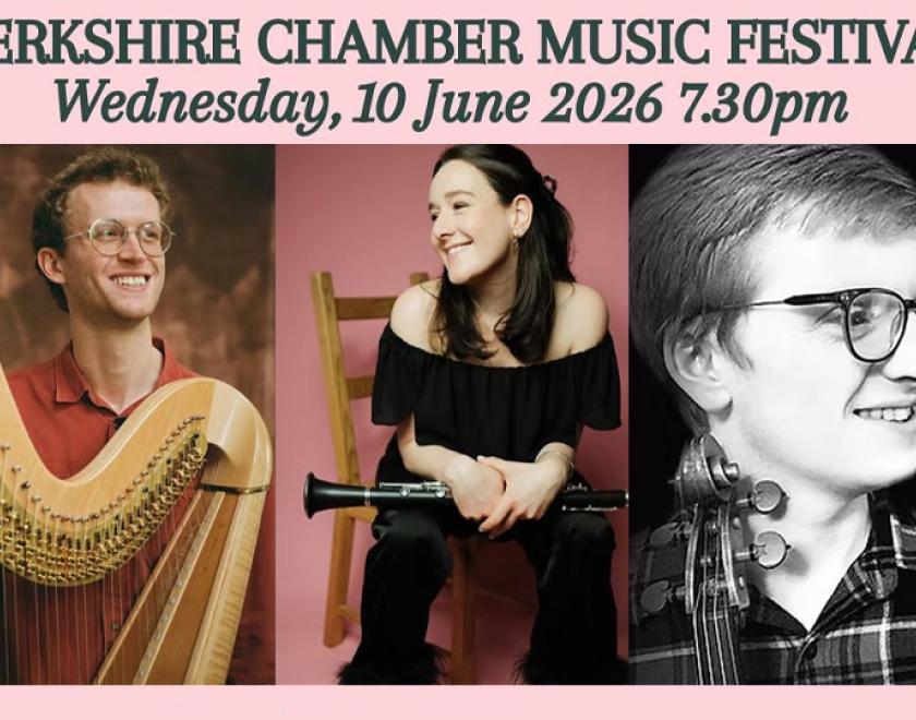 Photos of musicians Oliver Wass with a harp, Poppy Beddoe with a clarinet and James Flannery with a viola