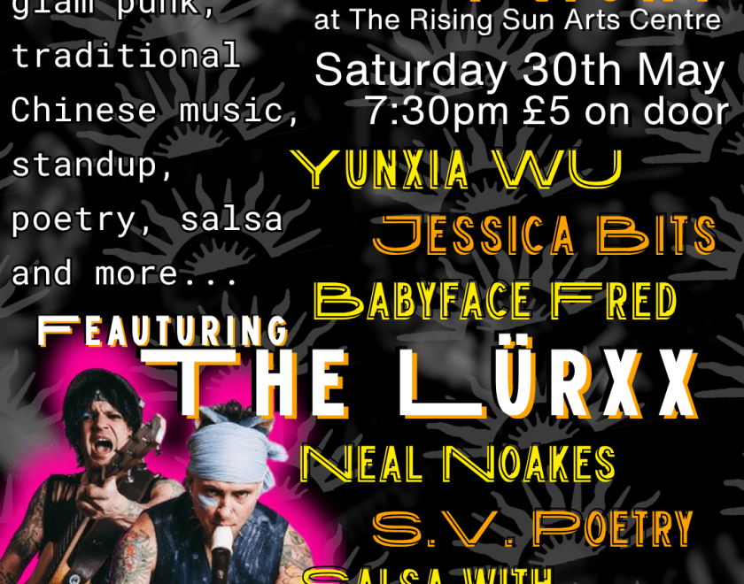 Poster for The Rising Sun Variety Night with a photo of folk punk duo the Lurxx and info about the event