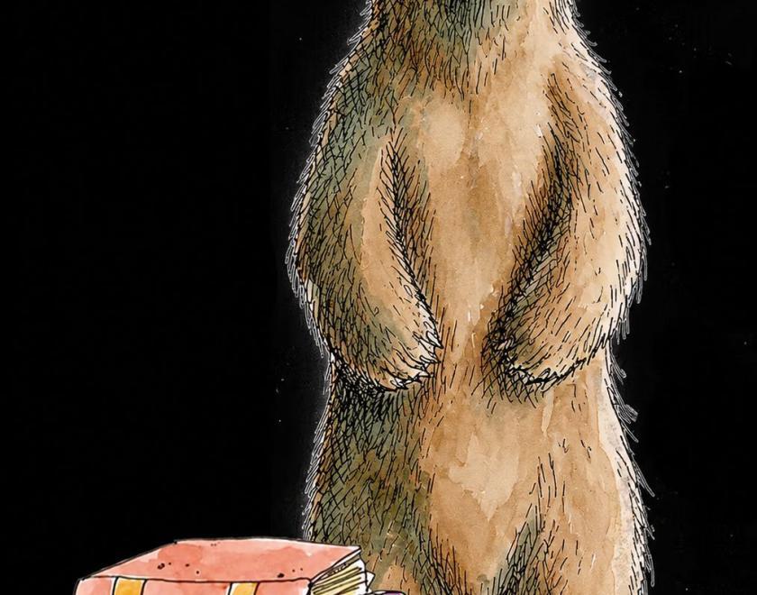 A drawing of a bear in shades stood next to the drawn pile of books