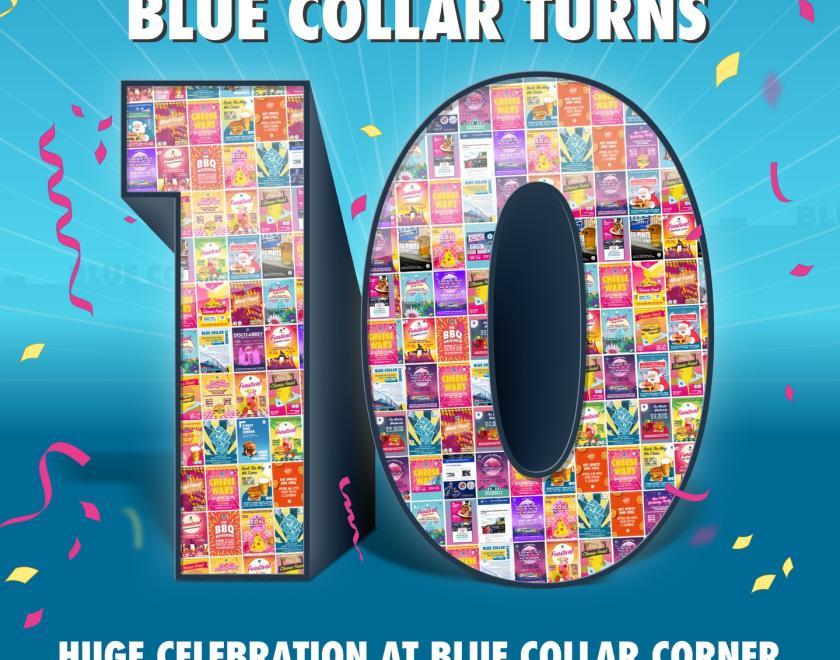 Massive number 10 which is made up of lots of small images of previous Blue Collar event posters