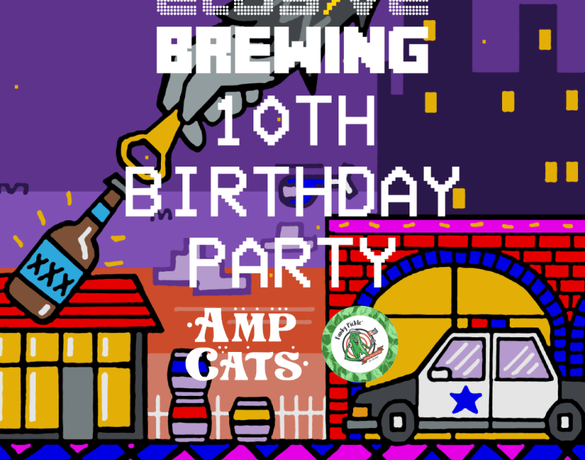 Elusive Brewing 10th Birthday Party graphic in 8-bit style