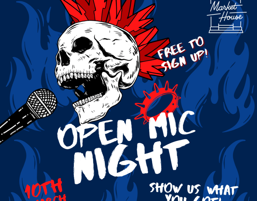 Open mic poster with punk skull and microphone; 10th March, free sign-up, 8pm.