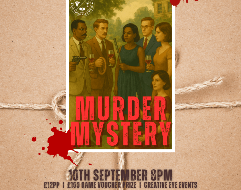 Vintage-style poster for a “Murder Mystery” event showing six people in formal attire holding wine glasses and weapons, with bold red title text and blood splatters