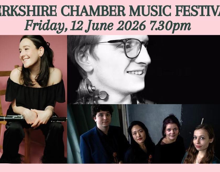 Photos of musicians Poppy Beddoe with a clarinet, James Flannery with a viola and the Brompton Quartet with their instruments