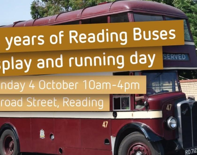 Image of a vintage bus with "125 years of Reading Buses display and running day" over the top