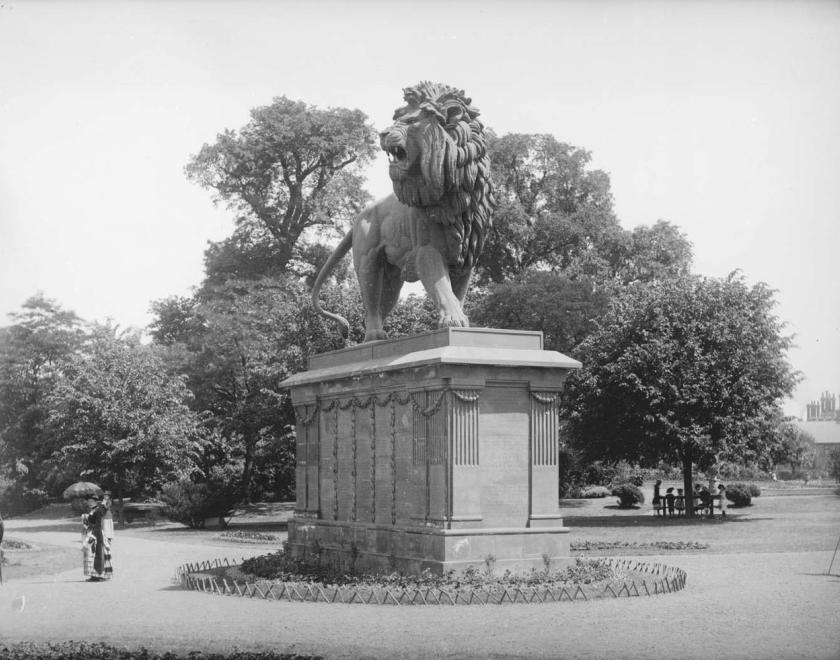 A Victorian photo of the Maiwand Lion in Forbury Gardens