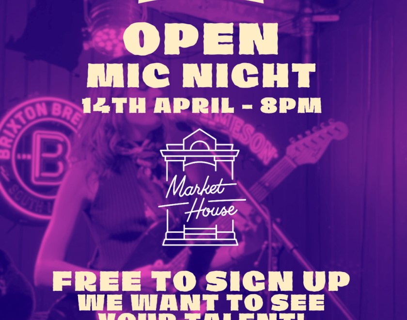 Purple poster for open mic night at Market House, 14th April 8pm, inviting performers to sign up and showcase their talent.