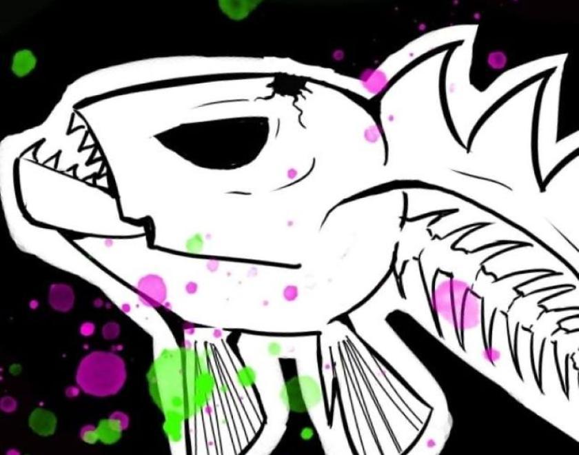 Black and white Stylised fish with sharp teeth and fins below; small splodges of neon green and purple splatter the image