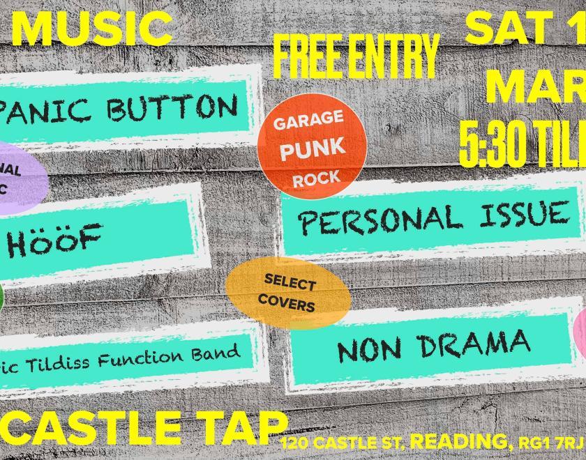Poster image of planks with yellow text top and bottom listing event venue and times and pale blue flashes across the middle with band names on