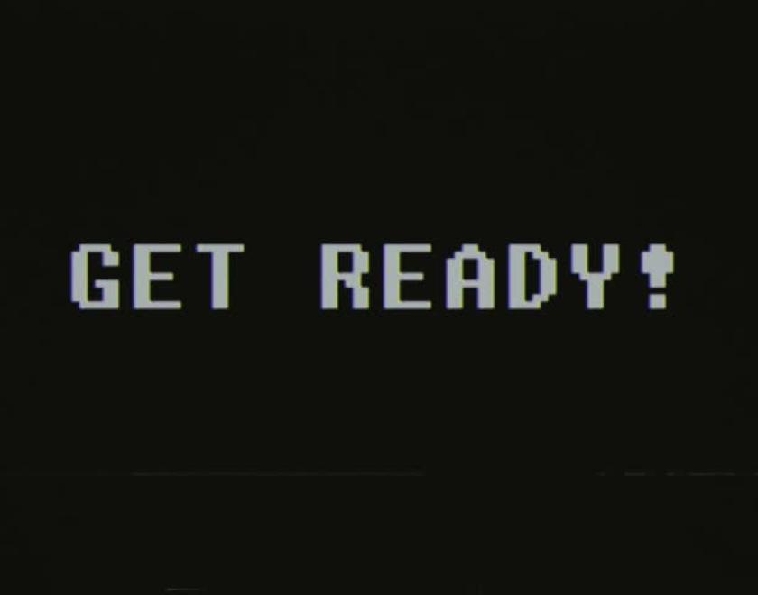 Black rectangle with the words "Get Ready!" in teletext style font