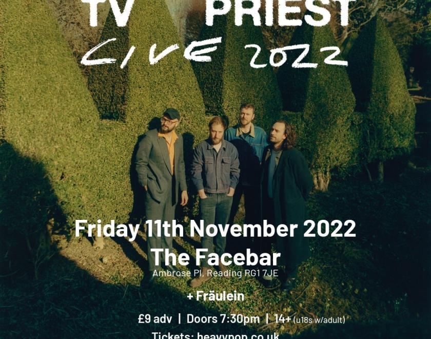 gig poster for band tv priest surrounded by green hedges