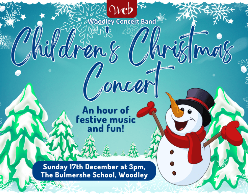 Children's Christmas Concert Poster featuring snow-covered trees and a cheery snowman